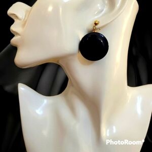VTG Large Navy Blue Acrylic Circle Dangle Post Earrings